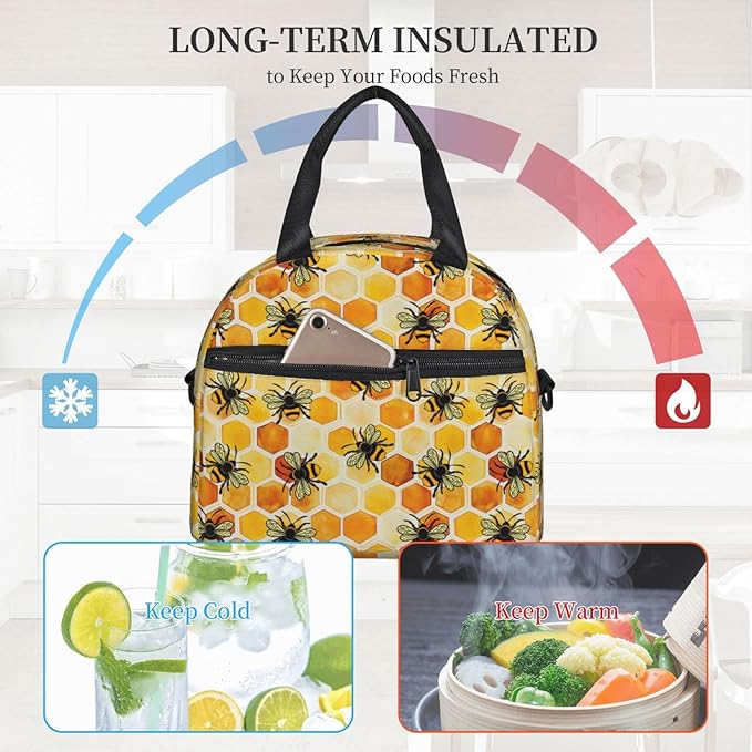 Bee Reusable Insulated Lunch Box Waterproof Lunch Bag with Detachable and Adjustable Shoulder Strap for Office Picnic or Travel