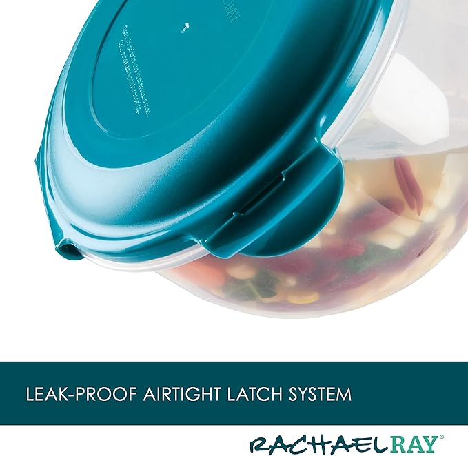 Rachael Ray Leak-Proof Nestable Container Food Storage Bin Set, 10-Piece, Clear with Teal Lids