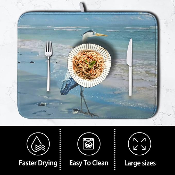 Summer Blue Dish Drying Mat for Kitchen Counter 16x18 Inch Heron Coastal Beach Drying Mats Nautical Ocean Bird Dishes Drainer Mats Microfiber Absorbent Dish Rack Pad