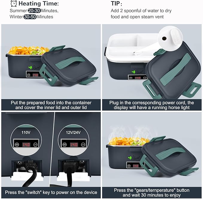 Vovoir 1.8L Large Electric Lunch Box,80W 110V/12V/24V 3 in 1 Portable Food Warmer Lunch Heater for Car Truck Home Work,Heated Lunch Boxes for Adults-Leak Proof