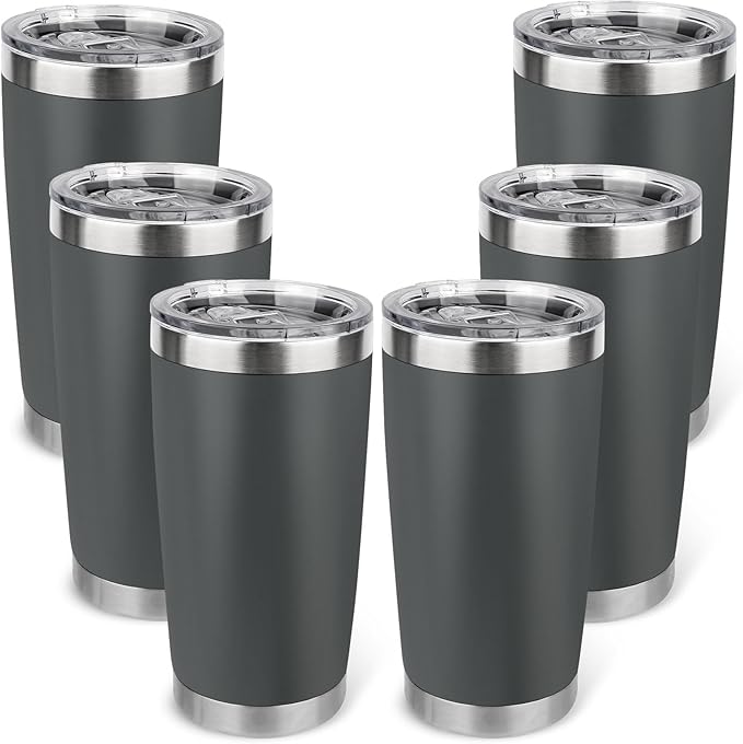 20oz Stainless Steel Tumbler Bulk with Lid, Travel Mug - Double Wall Vacuum Powder Coated Cup - Grey, 6 Pack