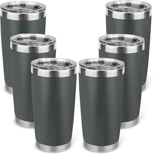 20oz Stainless Steel Tumbler Bulk with Lid, Travel Mug - Double Wall Vacuum Powder Coated Cup - Grey, 6 Pack