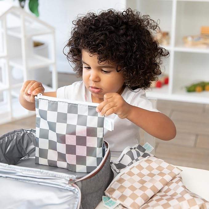 Bumkins Reusable Sandwich and Snack Bags, for Kids School Lunch and for Adults Portion, Washable Fabric, Waterproof Cloth Zip Bag, Travel Pouch, Food-Safe, Large 2-pk Check