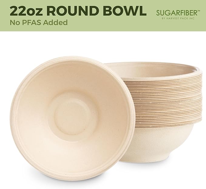 [1000 Count]Harvest Pack 22oz Round Bowls PFAS Free with PLA coating with PET Lid, Heavy-Duty Eco-Friendly Disposable Bagasse Sugarcane Bowl for Meal Prep