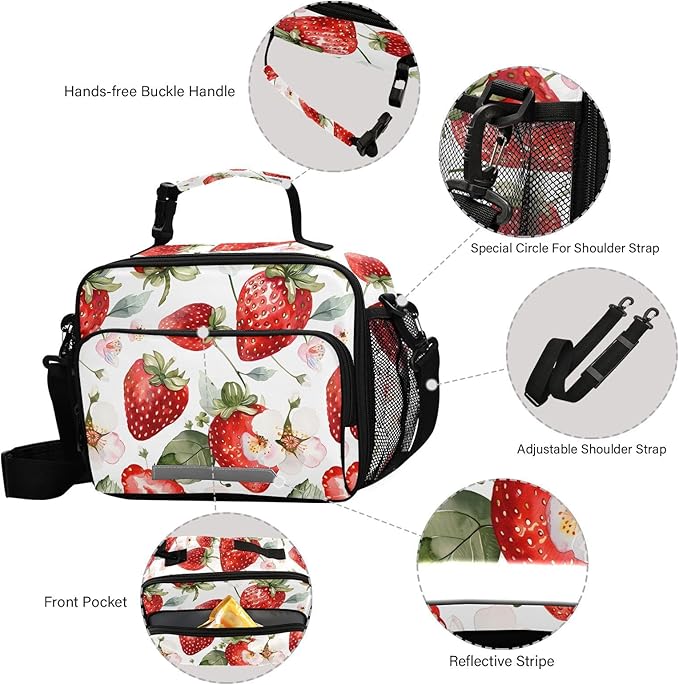 ALAZA Strawberries Girls Lunch Box Kids Lunchbox Insulated Reusable Meal Container Lunchbag with Shoulder Strap