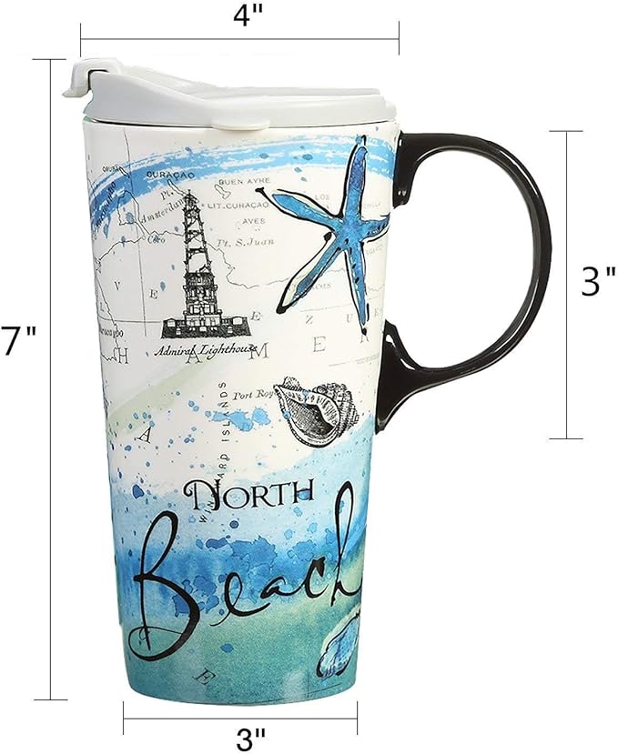 Topadorn Ceramic Mug Porcelain Latte Tea Cup Coffee Mug with Lid and Gift Box, 17oz. North Beach