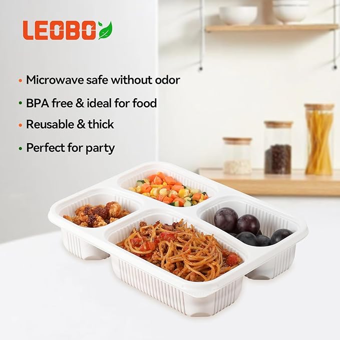 Takeout Containers BPA Free PP Plastic - 34oz 40 Pack 4 Compartments Shrink Wrap & Leakproof Meal Prep Container | Freezer & Microwave Safe Reusable for Office Lunch | White Restaurant Togo Box