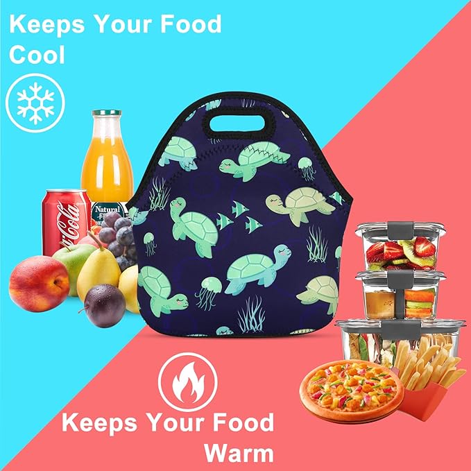 Violet Mist Neoprene Lunch Bag Women Insulated Cute Lunch Bag Tote Reusable Waterproof Cooler Animal Lunchbox Handbag Gift for Shopping Gourmet Tote with Zipper Work Picnic（turtle）