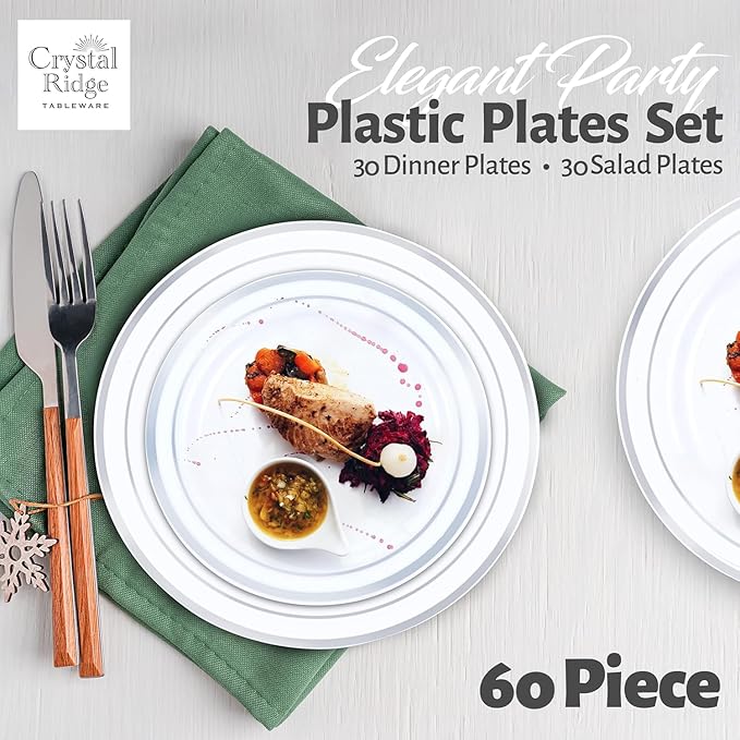 60 Pieces White Plastic Disposable Plates - Premium Heavy-Duty 30 Dinner Plates & 30 Salad Plates with Silver Rim Ideal for Party, Birthday and Special Events
