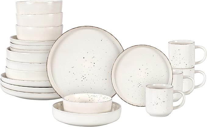 HomeVss, Nordic Shape Rising Rim Stoneware 20pc Dinnerware Set, Matte White with Speckle Finished Effect