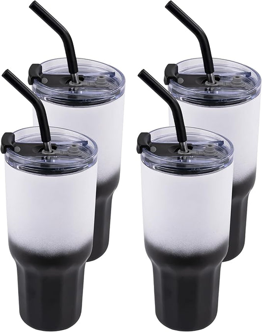 VEGOND 30 oz Insulated Stainless Steel Tumblers with lid and straw Bulk Pack Coffee Mug with Non-Slip Silicone Base, Sweat Proof Powder Coated Cup for Hot Cold Drinks, Black and White 4Pack