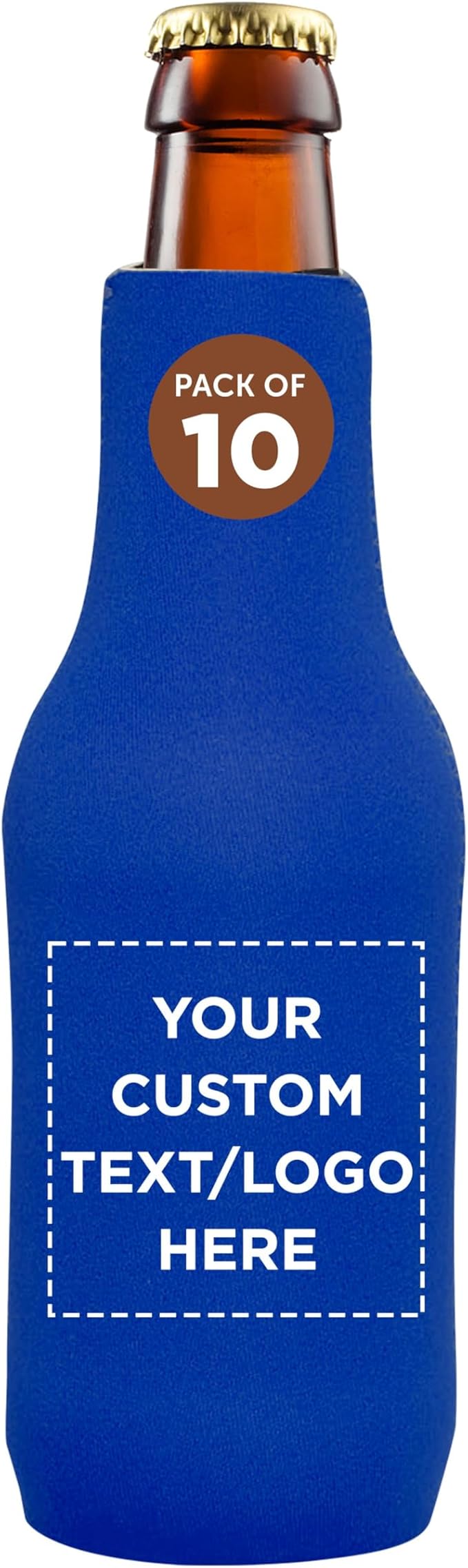 10 Neoprene Zippered Beer Bottle Coolies Pack - Customizable Text, Logo - Sharkskin Rubber Bottom - Royal Blue