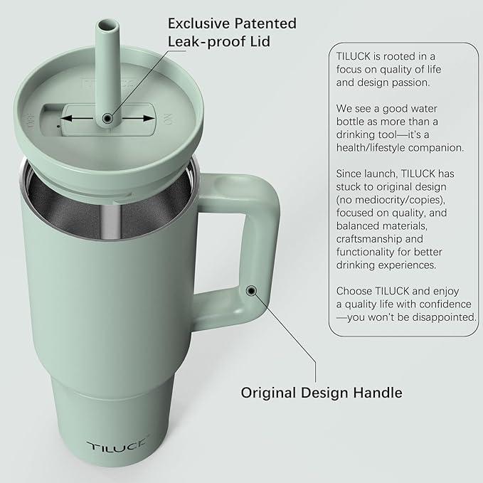 TILUCK 40 oz Tumbler with Handle, Vacuum Insulated Stainless Steel Travel Mug with 100% Leak-Proof Silicone Straw Lid, Cupholder Friendly Water Bottle(MintGreen, 40oz)