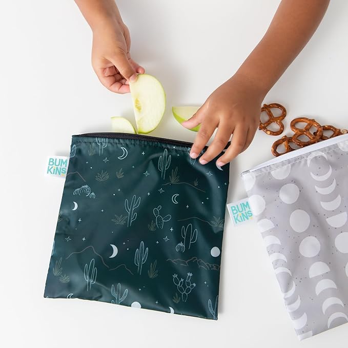 Bumkins Reusable Sandwich and Snack Bags, for Kids School Lunch and Adults Portion, Washable Fabric, Waterproof Cloth Zip Bag, Travel Pouch, Food-Safe Storage, Large 2-pk Desert Dk. Green and Gray