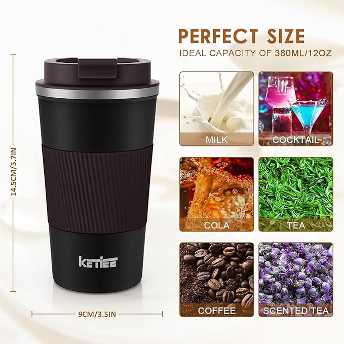 KETIEE Travel Mug, 12oz Insulated Coffee Cup with Leakproof Lid, Vacuum Stainless Steel Double-Wall Travel Coffee Mug Spill Proof, Reusable Tumbler for Men and Women for Hot & Cold Drinks