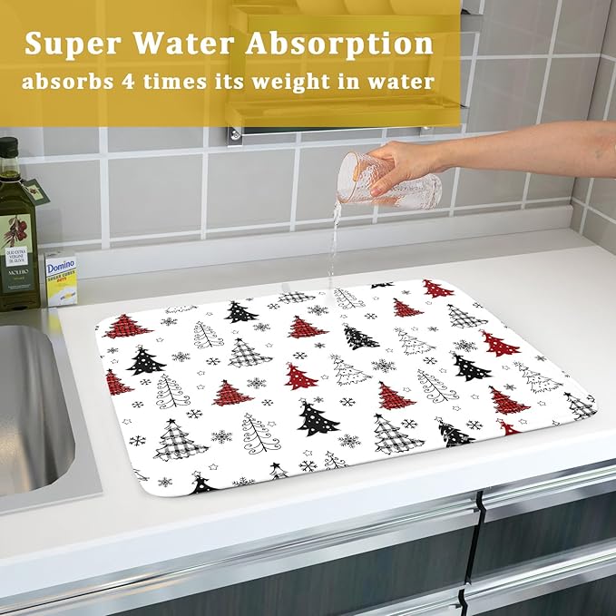 Xmas Dish Drying Mat for Kitchen Counter Black White Trees Festival Microfiber Absorbent Dish Draining Reusable Washable Foldable Extra Large 18"x24"