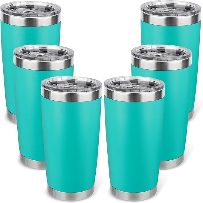 20oz Stainless Steel Tumbler Bulk with Lid, Travel Mug - Double Wall Vacuum Powder Coated Cup - Light Green, 6 Pack