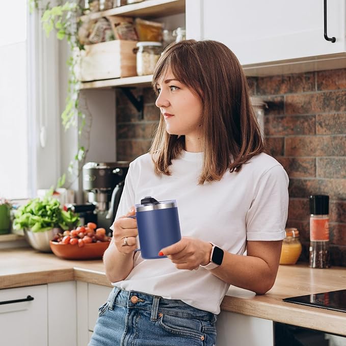 Volhoply 12oz Insulated Leakproof Coffee Mug with Flip & Straw Lid Bulk 4 Pack,Double Wall Vacuum Stainless Steel Travel Tumbler Cup with Handle,Camping Mugs Keep Cold/Hot(Navy,4 Set)