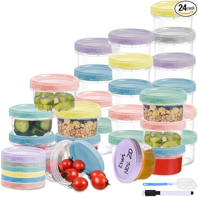 24pcs 8 oz Plastic Containers with Screw Lids, Reusable Clear Food Storage Containers with Pen and Brush for Snack Salad Fruit, Leakproof Small Freezer Containers, Microwave & Dishwasher Safe