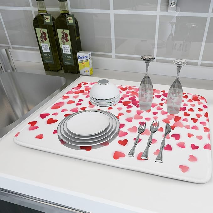 Valentine's Day Dish Drying Mat for Kitchen Counter Hearts Holiday Microfiber Absorbent Dish Draining Reusable Washable Foldable Extra Large 18"x24"