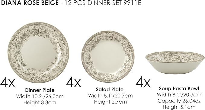 TUDOR ROYAL 12-Piece Porcelain Round Dinnerware Set, Service for 4, DIANA ROSE BEIGE Design, Blue Floral, Plates Bowls Dishes, Premium Quality Tableware, Unique Pattern, Glossy
