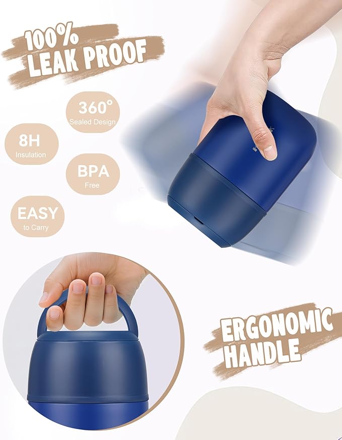 17oz Soup Thermo for Hot Food Adults Insulated Food Jar Thermo Hot Food Lunch Container Wide Mouth Stainless Steel Lunch Box for Kids with Folding Spoon Cleaning Brush Navy Blue