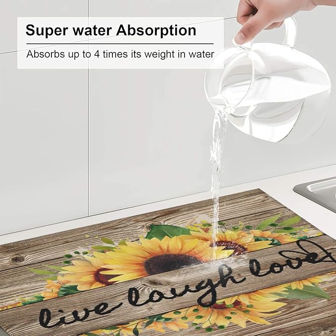 Sunflower On Board Rustic Yellow Summer Fall Live Laugh Love Drying Mat 16x18 Inch For Kitchen Counter Drying Mats Dish For Kitchen Counter Easy Clean Kitchen