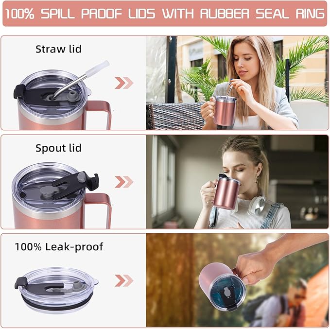 Volhoply 12oz Insulated Leakproof Coffee Mug with Flip & Straw Lid Bulk 4 Pack,Double Wall Vacuum Stainless Steel Travel Tumbler Cup with Handle,Camping Mugs Keep Cold/Hot(Rose Gold,4 Set)