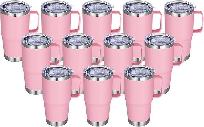 20 oz Stainless Steel Tumbler with Handle Bulk Metal Insulated Tumblers Travel Coffee Mug with Handle Double Wall Tumbler Cup with Lid and Straw, Pink 12 Pack