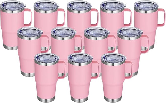 20 oz Stainless Steel Tumbler with Handle Bulk Metal Insulated Tumblers Travel Coffee Mug with Handle Double Wall Tumbler Cup with Lid and Straw, Pink 12 Pack