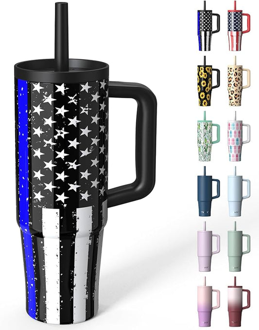 TILUCK 30 oz Tumbler with Handle, Vacuum Insulated Stainless Steel Travel Mug with 100% Leak-Proof Silicone Straw Lid, Cupholder Friendly Water Bottle(BlackFlag, 30oz)