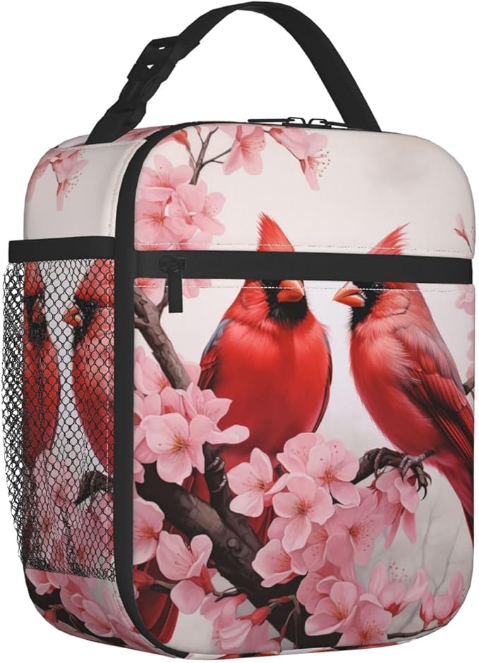 Cardinal Cherry Blossom Insulated Lunch Box, Reusable Thermal Lunchbox with Red Bird and Pink Floral, Portable Handbags for Office, Beach, Camping, Road Trip, Hiking, Gifts for Girls Women