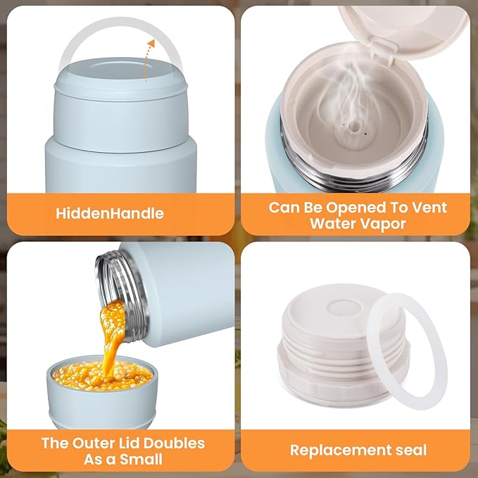 2 Pack Soup Thermo for Hot Food for Adults, Insulated Food Jar, Stainless Steel Vacuum Thermal Lunch Box Containers with Carry Bag and Spoon (18.5oz, 27oz) (Blue)