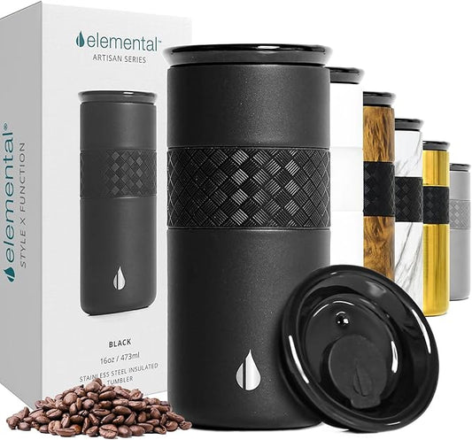Elemental Artisan Insulated Tumbler, Triple Wall Coffee Travel Mug, Reusable Stainless Steel Coffee Tumbler with Ceramic Lid, Thermal Coffee Cups for Hot (6 Hrs) & Cold (18 Hrs), 16oz - Black