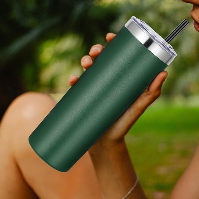 VEGOND Stainless Steel Tumblers Bulk 6 Pack, 20 oz Vacuum Insulated Skinny Tumblers with Lid and Straw, Double Wall Coffee Mug, Travel Water Cup, Dark Green