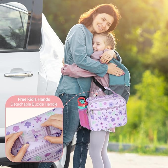 Bagseri Kids Lunch Bag for Girls - Insulated Kids Lunch Box for Daycare and School Reusable Meal Tote Bag with Water Bottle Holder, Easy-Clean Water-Resistant Fabric, Purple Floral