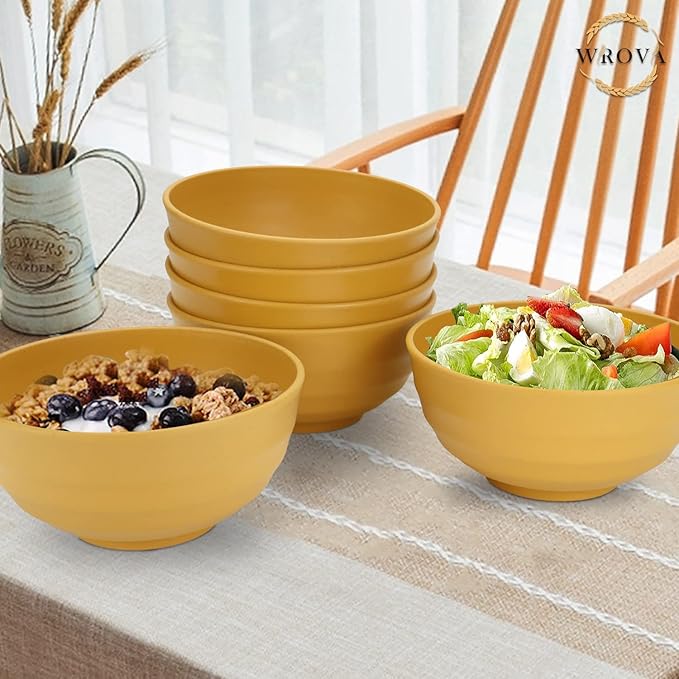 Wheat Straw Bowls Set 60 OZ Unbreakable Large Cereal Bowls Set of 6 Microwave and Dishwasher Safe Bowls Big Bowls for Apartment and Dorm BPA Free Soup Bowl for Serving Oatmeal and Salad Yellow