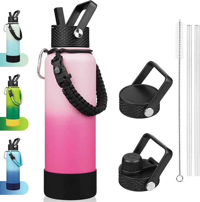BJPKPK Insulated Water Bottle with Straw Lid, 40oz Large Thermo with 3 Lids, Paracord Handle & Non-slip Boot, BPA Free Leak Proof Stainless Steel Metal Water Bottles, Tumblers, Cups,Cherry