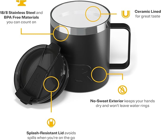 RTIC 12oz Essential Coffee Mug with Lid and Handle, Insulated, Ceramic Lined, Stainless Steel, Metal, Double Wall Vacuum-Insulation, Portable, Travel Cup for Hot and Cold Drink, Black