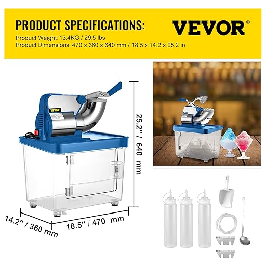 VEVOR 110V Commercial Ice Crusher 661LBS/H, ETL Approved 300W Electric Snow Cone Machine with Dual Blades, Stainless Steel Shaved Ice Machine with Safety On/Off Switch for Family, Restaurants, Bars