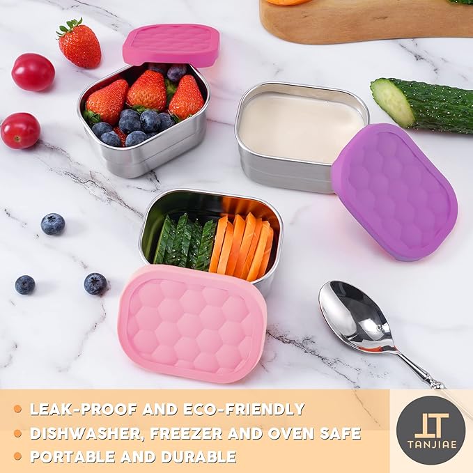 Small (1 CUP) Stainless Steel Snack Containers for Kids | Easy Open Leak Proof Food Containers with Silicone Lids - Perfect Metal Toddler Lunch Box for Daycare and School (8oz)