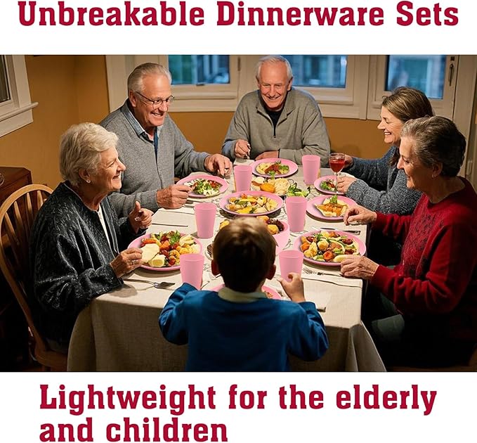 Pink Dinnerware Sets for 8,Pink Plates and Bowls Sets Plastic,Wheat Straw Dinnerware Sets Unbreakable Microwave Safe Lightweight,32 Pcs Christmas Dishes Set for Kids Elderly Kitchen Outdoor