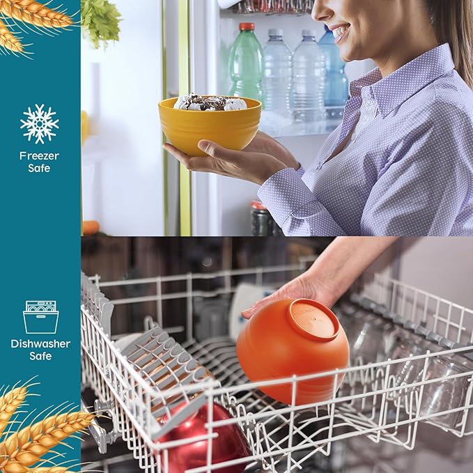 Teivio 16-Piece Cereal Bowls,26oz Wheat Straw Bowls Set, Unbreakable Durable Plastic Bowls for Kitchen, Camping, Kids Salad Snack Bowl Reusable,Dishwasher Safe, Multicolor