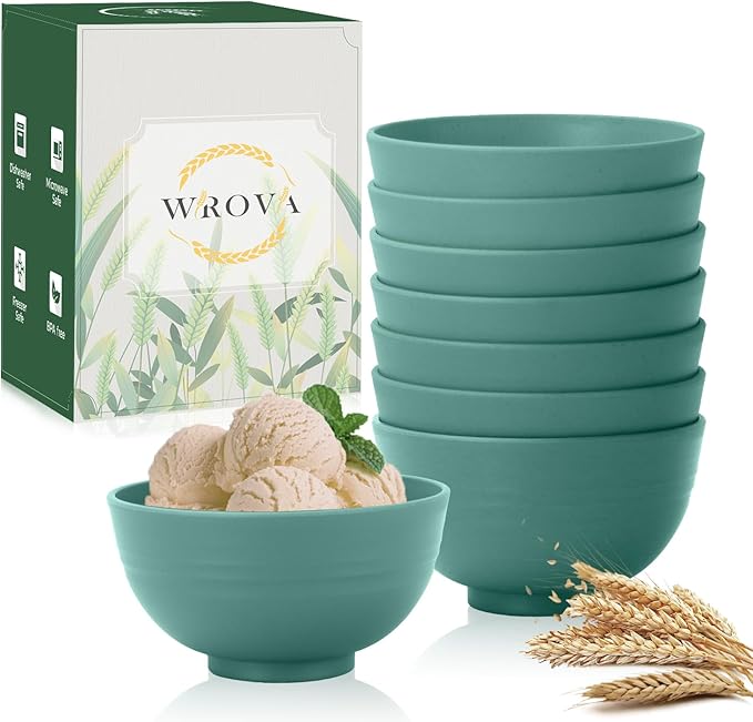 Wrova wheat straw snack bowls 10oz set of 8 - Unbreakable Dessert Bowls Dishwasher Safe - Small Handy Bowls for Ice Cream,Yogurt and Fruits. Green