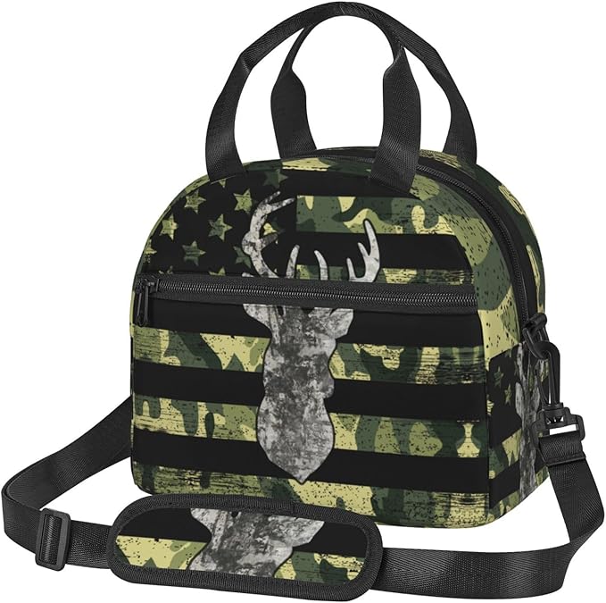American Flag Deer Camo Reusable Insulated Lunch Box Waterproof Lunch Bag with Detachable and Adjustable Shoulder Strap for Office Picnic or Travel