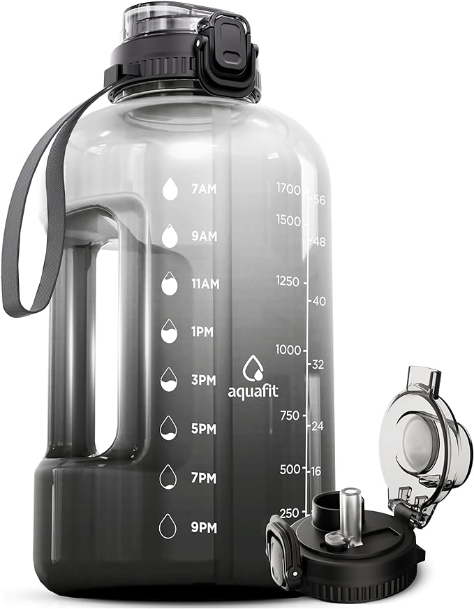 AQUAFIT Half Gallon Water Bottle with Time Marker - Straw & Chug Lid - BPA Free Gym Water Bottle with Straw - Big Gallon Jug (Midnight Gray, 64 oz - 2in1 Lid)