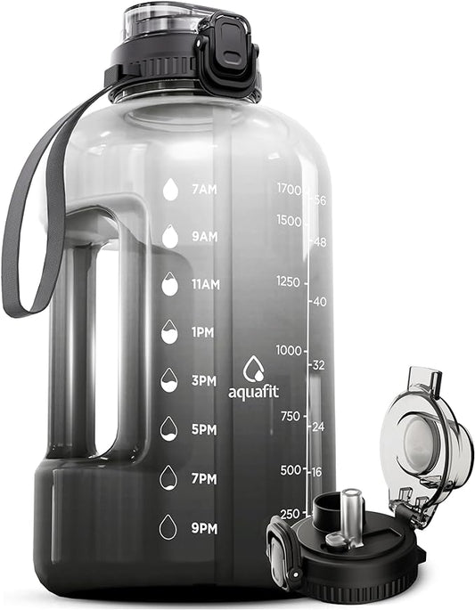 AQUAFIT Half Gallon Water Bottle with Time Marker - Straw & Chug Lid - BPA Free Gym Water Bottle with Straw - Big Gallon Jug (Midnight Gray, 64 oz - 2in1 Lid)