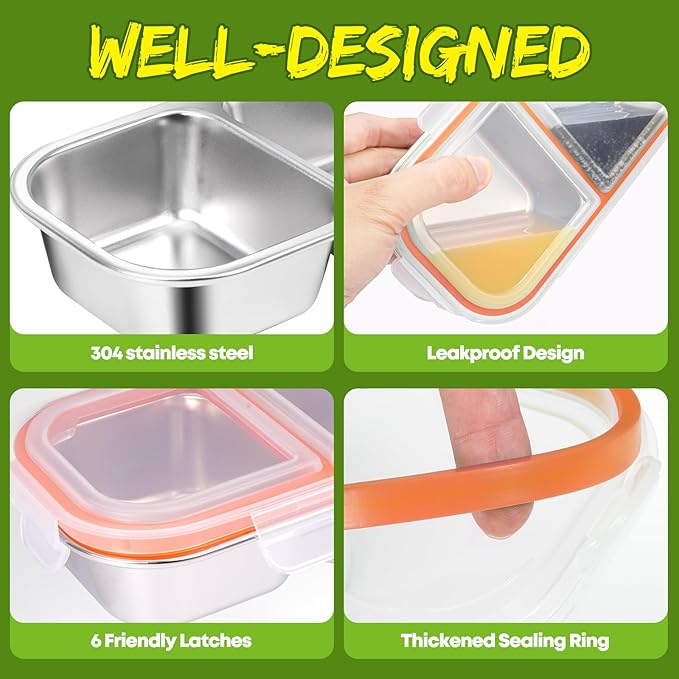 2 Pack Stainless Steel Snack Containers with Lids - Reusable 3 Compartment Snackle Box Container Divide Wet Dry Leakproof Metal Food Storage Containers for School, Home, Travel (Yellow + Orange)