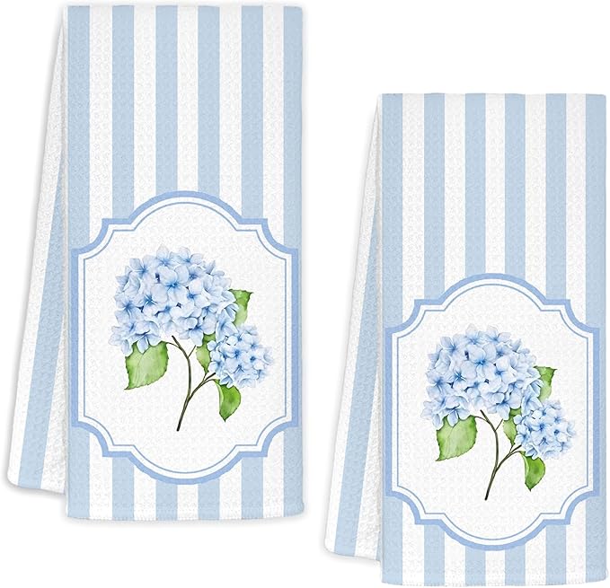 Blue Hydrangea Floral Kitchen Towels Set of 2, Cottagecore Botanical Dish Tea Towel for Kitchen, Blue and White Grand Millenial Stripes Decorative Hand Towels for Bathroom, 16x24 Inch