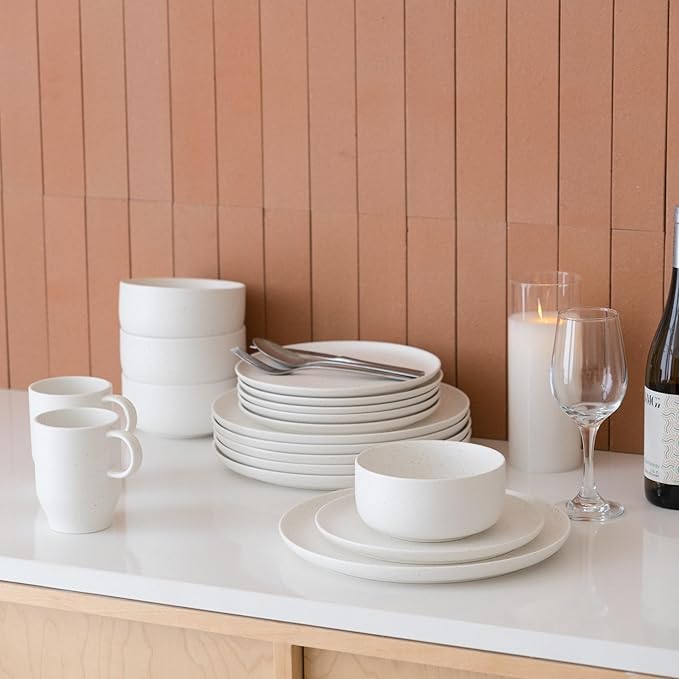 Stoneware Plates and Bowls Set - 12pcs Reactive Glazed Dinnerware Service for 4, Scratch & Chip Resistant (Nacre White)